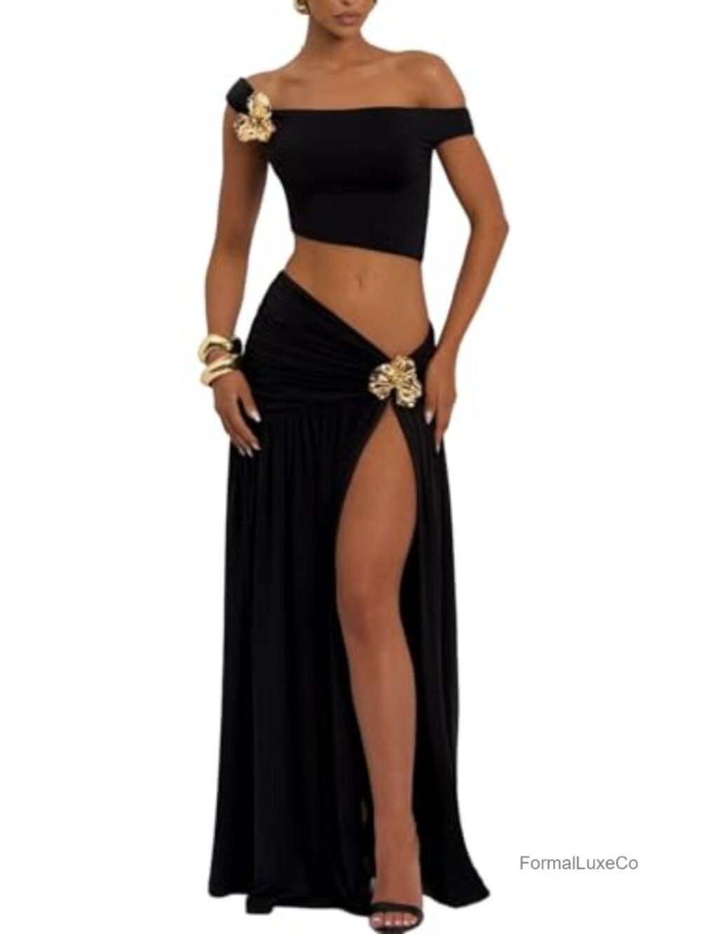 Sexy 2-Piece Skirt Set Polyester Sleeveless Bodycon Crop Top High Slit Maxi